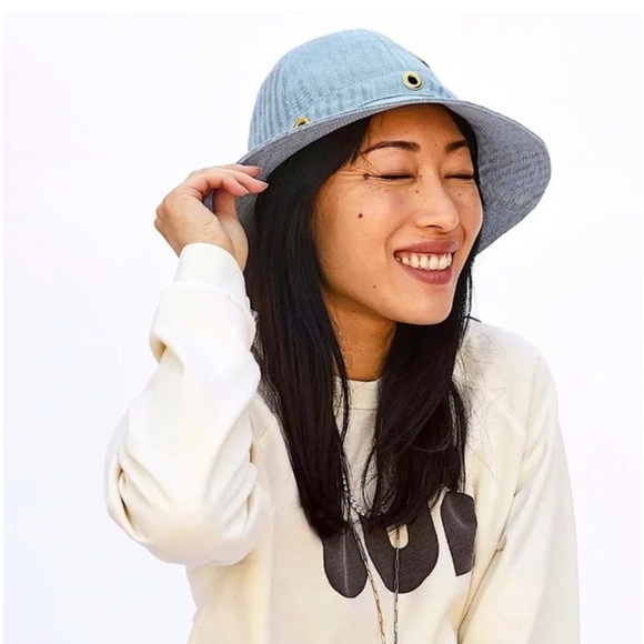 Clare V Light Denim Bucket Hat Gold Grommets Serge Herringbone Pattern